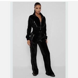 Maniere de Voir Women's Brown Velour Velvet Tracksuit Crop Jacket Pants Set 2pc